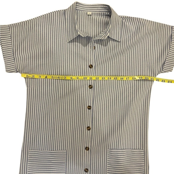 Striped shirt dress button front contrasting pockets collared blue white medium - Picture 7 of 10